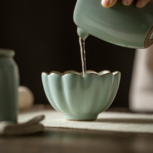 Tianqing Ru Kiln Small <b>Teacup</b> Chrysanthemum Petal Shape Handmade Porcelain Master Cup For Pu'er Tea Tasting - Product Image 3