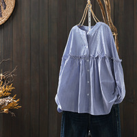 Chemise en coton rayée bleue pour femme, à manches longues, nouveau style printemps, avec bordure ondulée, coupe ample amincissante, chemise de base