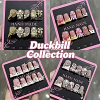 TSZS Faux Ongles de Luxe Faits Main à Pression, Motif Bec de Canard, Strass 3D, Papillon, Fleur, French, Réutilisables, pour Femmes et Filles