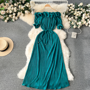 Robe de soirée mi-longue vintage de luxe pour femme, à épaules dénudées, avec volants et décoration plissée, lavable - Product Image 3