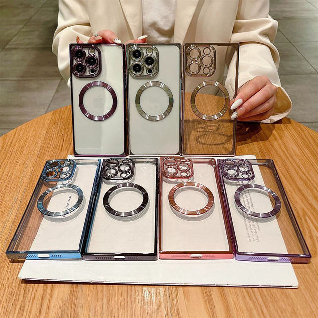 Luxury Plating Square Clear Transparent Magnetic Charging Magnet Phone Case for Iphone 12 13 14 Pro Max