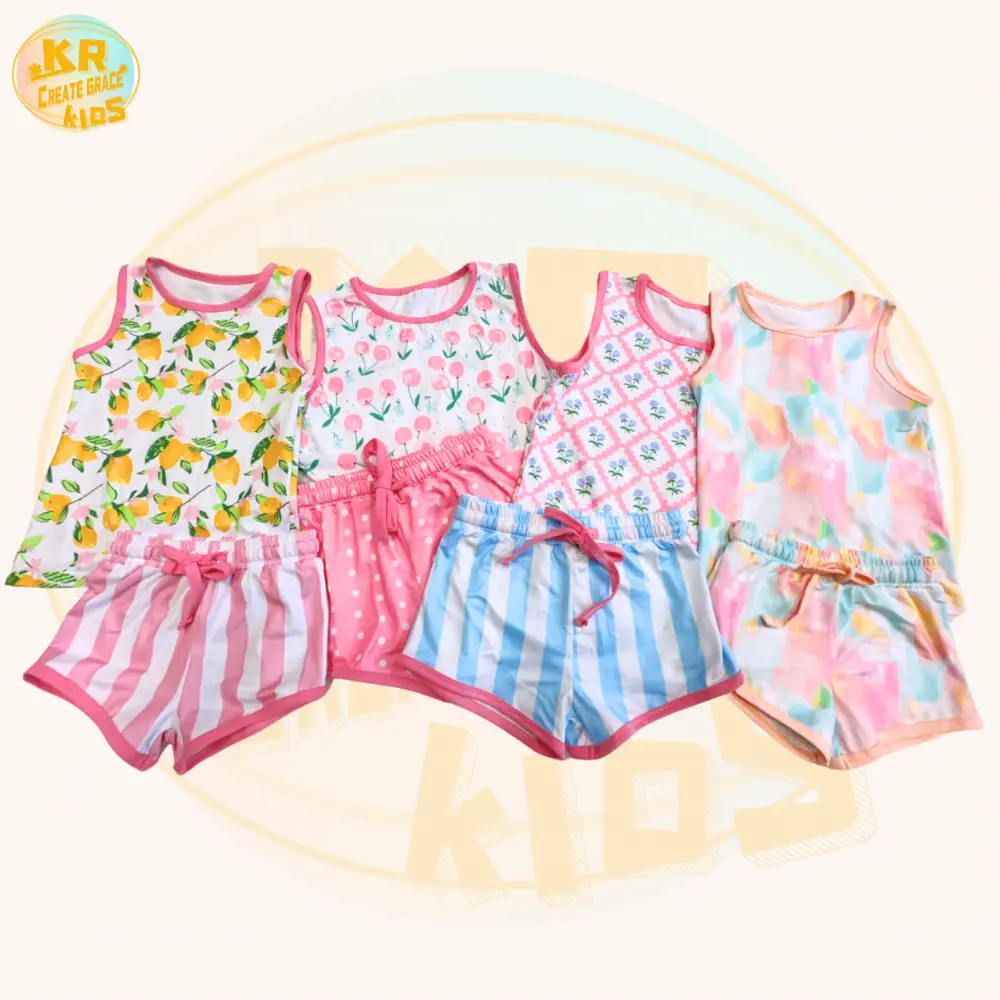 Vente en gros de débardeurs sans manches imprimés mignons + shorts 2 pcs ensembles pour tout-petits filles ensembles de vêtements d'été pour bébés