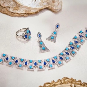 Conjunto de Joyería de Boutique <span class=keywords><strong>para</strong></span> Mujer, Collar <span class=keywords><strong>y</strong></span> Aretes Azules Turquesa, Anillo <span class=keywords><strong>y</strong></span> Brazalete Antioxidantes, Ideal <span class=keywords><strong>para</strong></span> Banquetes, Juego de 4 Piezas - Product Image 2