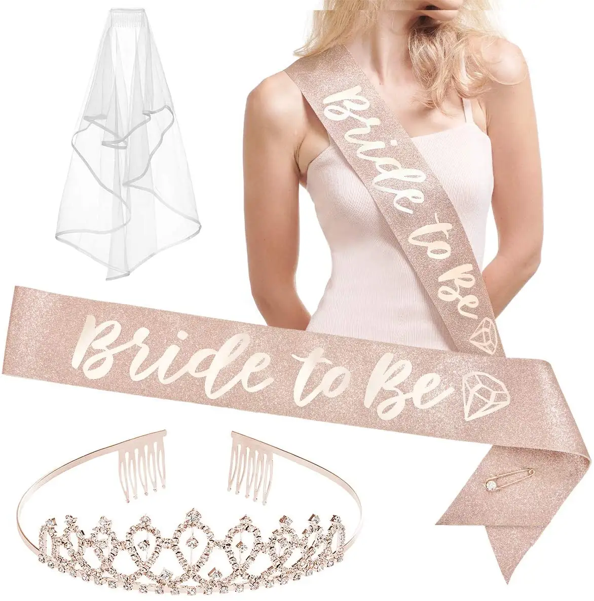 High quality wholesale bride to be set glitter bride sash diamond tiara satin edged veil