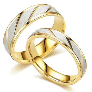 宾硕批发定制饰品不锈钢镀金条纹结婚订婚4/6毫米情侣戒指套装情人节礼物