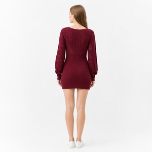 Abito Mini in Maglia a Costine da Donna Garson, Personalizzato OEM ODM, Invernale, Casual, Tinta Unita Bordeaux, con Scollo a V e Maniche Lunghe, Modello Bodycon Spesso con Lavorazione Pointelle - Product Image 2