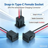 Conector USB-C Hembra con Cables, Tipo C de 2 Pines para Montaje en Panel, Receptáculo Tipo C Precableado LN-068
