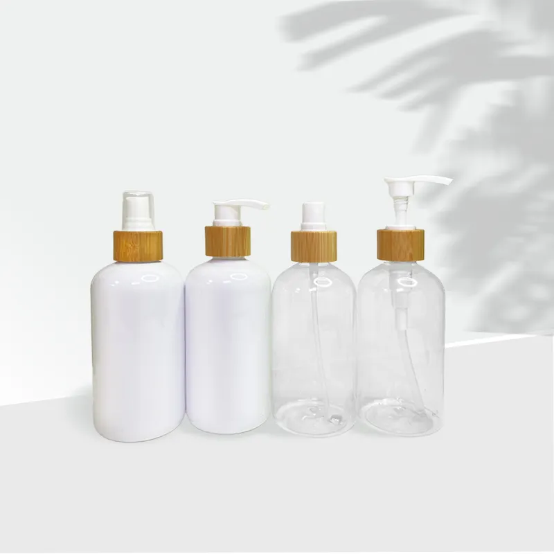 Flacon pompe de pulvérisation en plastique transparent pet, bouteille avec buse, couvercle en bois bambou, de 50ml, 100ml, 250ml, 300ml et 500ml