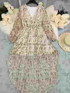 Robe longue à manches longues imprimée à col en V et ourlet irrégulier de style bohème pour femmes européennes et américaines - Product Image 4