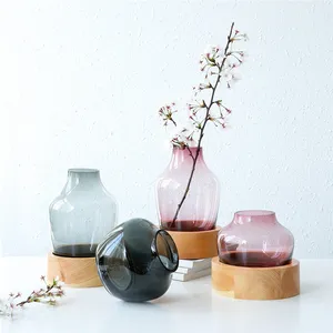Violet Grey Art Unique Glass Vase with Wood Base Blown