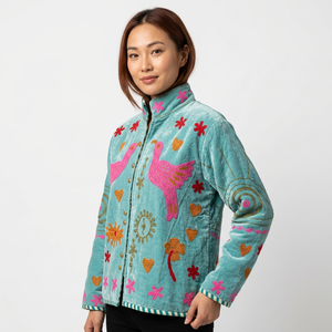 Hand Embroidered Velvet Cotton <b>Jacket</b> Pink Birds Floral <b>Pattern</b> Mandarin Collar Full Sleeve Spring Autumn Winter Women's <b>Jacket</b> - Product Image 4