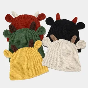 New Style Cute Cow Ears and Ox Horn Beanie Hats 5 Beautiful Colors Custom Logo Knitted Beanie in Bulk for Women Girls