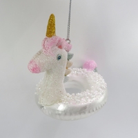 Unicorn Cantik Warna Pink dan Emas Berkilau dengan Cincin Tiup Perak, Manik-manik Putih Mutiara, Ornamen Kaca, Figur untuk Natal