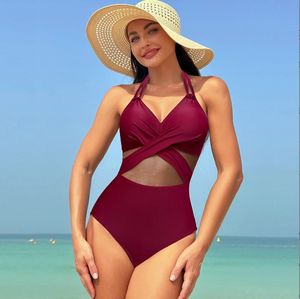 2024 Dames Nieuwe Europese En Amerikaanse Effen Kleur Eendelig Badpak Mesh Bikini Badpak Groothandel - Product Image 3