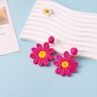 Anting Bunga Matahari Bohemian Trendi Musim Panas, Anting Tenun Rafia Kasual Pantai, Anting Temperamen Bunga