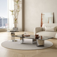 Table basse flottante minimaliste de style français, structure en acier inoxydable, verre trempé, mobilier de salon, design simple