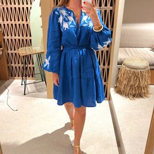 Elegante Vestido de Lino y Algodón con Cuello en V, Casual, Bordado, de Manga Corta, Mini Vestido de Verano para Mujer - Product Image 2