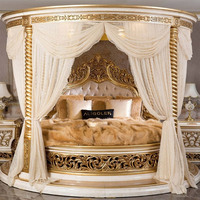 Lit en bois massif sculpté à la main, style antique de luxe, avec baldaquin en feuille d'or, pour chambre à coucher, villa, style palais européen, mobilier de chambre à coucher