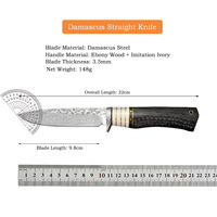 Couteau de chasse à lame fixe en acier Damas, manche en bois d'ébène, incrustation en laiton et os, couteau droit de collection pour extérieur, EDC, camping