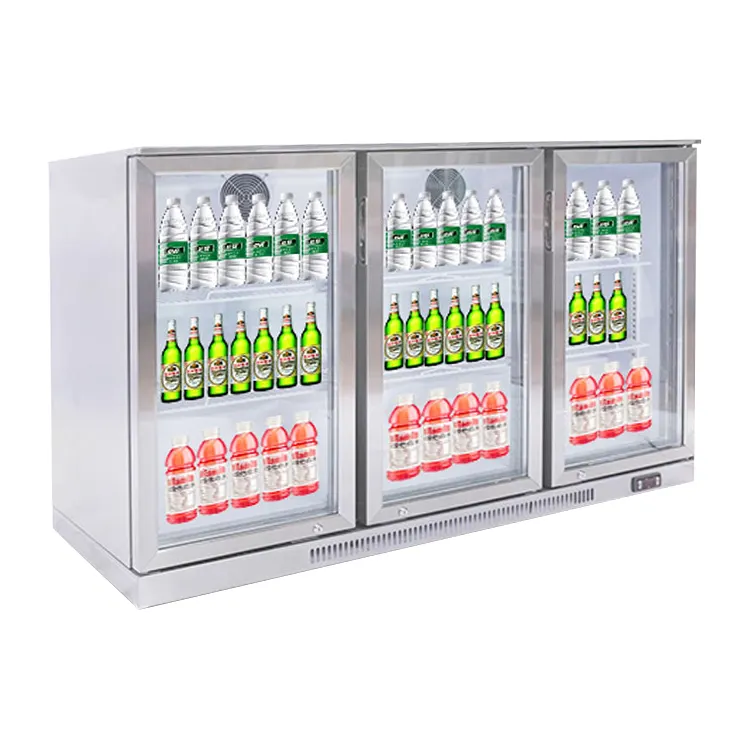 Armário de exposição de cerveja em aço inoxidável com três portas, refrigerador para bebidas frias