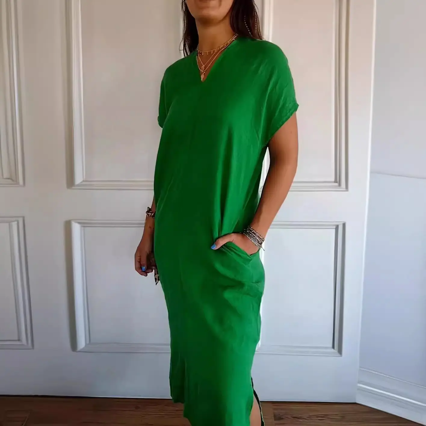 Wholesale Clothing S-3XL Women Summer V Neck Dress Casual Simple Green Linen Dresses
