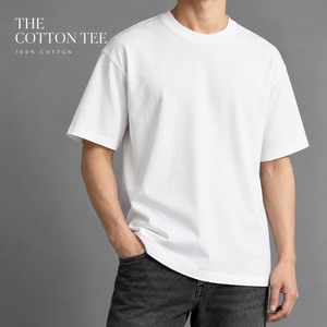 เสื้อยืดโอเวอร์ไซส์ คอตตอน 100% 230 GSM ผ้าสองเส้น ทรงหลวม ไหล่ตก แขนสั้น คอกลม สีขาวล้วน สไตล์สตรีทแวร์ - Product Image 1