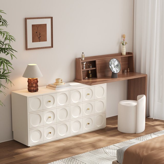 Italian Minimalist Style Dressing Table, with Retractable Drawers, Integrated Vanity, Solid Wood Corner Storage Cabinet.