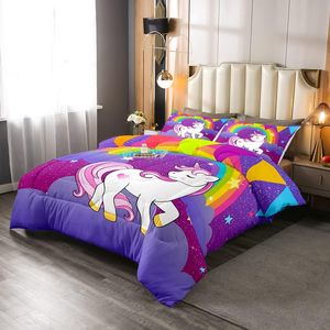 Mignonnes jumelles filles licorne couette ensemble Kawaii couette violet arc-en-ciel galaxie étoiles fantaisie réversible moderne imprimé dessin animé enfants - Product Image 2