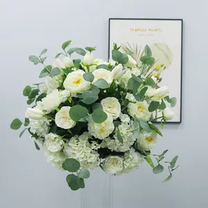 قطع مركزية باقة من الزهور بيضاء وحريرية محاكية عالية مستديرة كرات الزهور لتزيين حفلات الزفاف