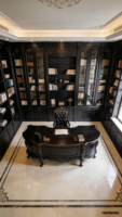 Armoire de fond murale en bois massif de style gothique classique avec portes vitrées et bibliothèque d'angle sculptée pour bureau de villa