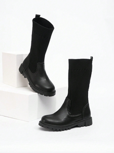 Kids Winter Fashion Solid Color Leather Knitted Over Ankle <b>High</b> Leg Children Long Boots - Product Image 5