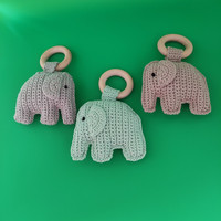 Cincin Kayu Beech Bebas BPA Buatan Tangan, Mainan Gigitan Bayi Bentuk Gajah Rajutan Katun, Hiasan Natal