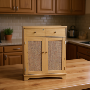 Mobiletto da cucina autoportante in stile rustico con ante e cassetti in rattan per uso cucina - Product Image 2