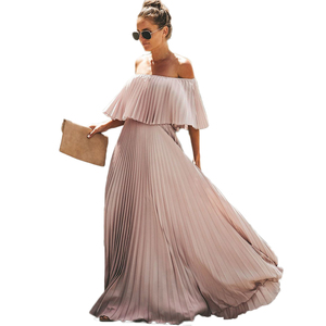 Di alta qualità Vintage bohémien Off-spalla <span class=keywords><strong>abito</strong></span> da spiaggia tinta unita <span class=keywords><strong>rosa</strong></span> <span class=keywords><strong>Midi</strong></span> Maxi volant per le donne stile elegante - Product Image 2