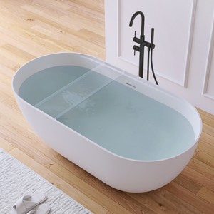 Proveedor de bañeras de superficie sólida: Bañera de inmersión profunda con estante acrílico para bañera ovalada independiente blanca para adultos - Product Image 1