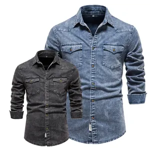 2023 vintage streetwear long sleeve denim jean shirt US size men casual cotton washed denim jeans shirt for men