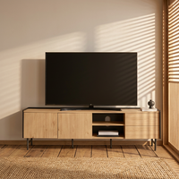 Meuble TV moderne HOMEFIELD en chêne clair, console multimédia 70 pouces, 2 armoires, 2 tiroirs, étagères ouvertes, cadre en métal noir, salon
