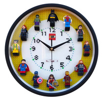 Horloge murale compatible avec les figurines LEGO, motif blocs de construction, en plastique et verre, à piles, mouvement silencieux, aiguille des secondes fluide