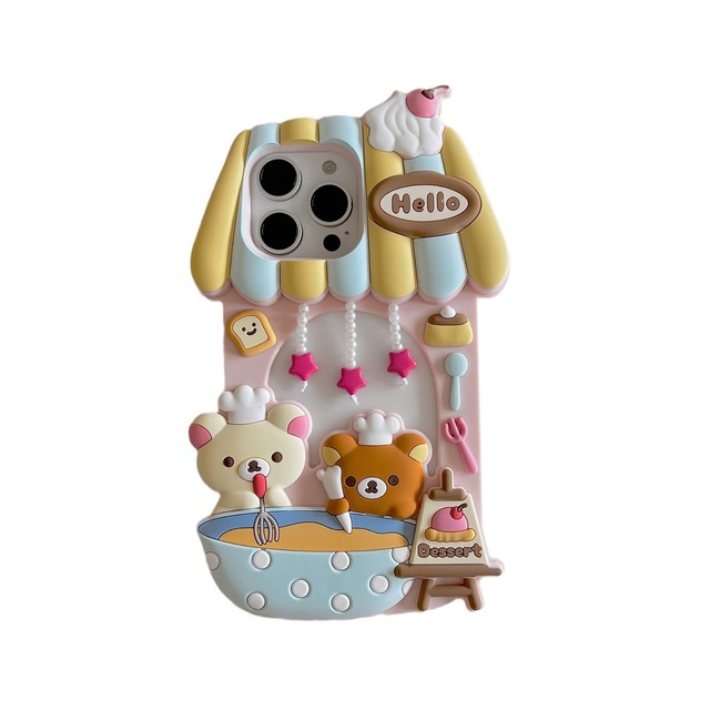 Cute Cartoon Easy Bear Dessert House Phone Case for iPhone 17 Pro Max 16 15 14 13 Soft Silicone Shockproof Blue and Pink Cover