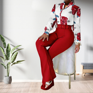 Conjunto de Dos Piezas para Mujer de Oficina, Camisa con Cuello Alto y Estampado Floral, Pantalones Rectos con Cinturón, Poliéster Transpirable y Ecológico - Product Image 3