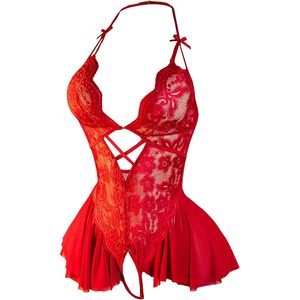 Body en dentelle personnalisé pour femme, col en V profond, dos nu, sexy, extensible, une pièce, lingerie découpée, babydoll à volants - Product Image 5