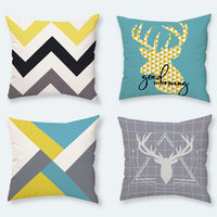 Coussin carré personnalisable en peluche de style nordique, design color-block bleu et jaune, géométrique minimaliste, décoratif pour dossier