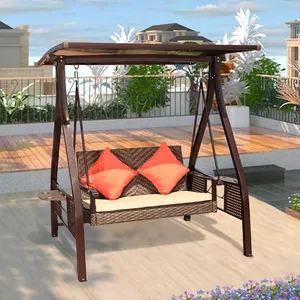 Columpio ajustable para Patio exterior, Banco de columpio de jardín de 3 asientos con techo de parasol y mesa de té