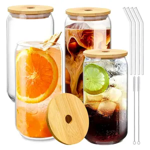 16 oz Can Shaped Glass Cups Iced Coffee Glasses with Lids Drinking Glass Jars with Bamboo Lids and Glass Straws 4 Pack Set