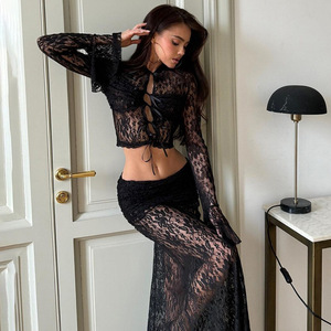 European American Lace Two Piece Set Long Skirt Sexy Women's Bra Brief Set - Product Image 1