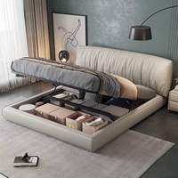 Lit double italien minimaliste de luxe léger en cuir, avec revêtement enveloppant en cuir de vachette première couche et rembourrage souple, avec rangement, pour chambre principale