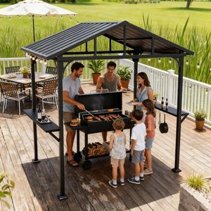 Gazebo para Parrilla de 8' x 5', Gazebo Metálico para Barbacoa con Techo de Estructura Triangular y Orificios de Drenaje, Toldo para Parrilla con <span class=keywords><strong>2</strong></span> Estantes Laterales - Product Image 5