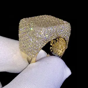 Hiphop Sieraden Luxe 14K Vergulde Massief 925 Sterling Zilver Bevroren Geplaveid Vvvs Moissanite Diamanten Ring Voor Mannen Vrouwen Feest