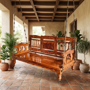 Carved Wooden <b>Swing</b> Sofa <b>Chair</b> Hanging <b>Chair</b> <b>Outdoor</b> & Indoor Use 3-Person Quick-Dry Cushion - Product Image 2