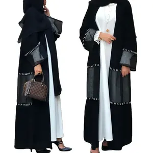 2020 New muslim women open abaya with hand made pearl kimono jilbab dubai long maix dress